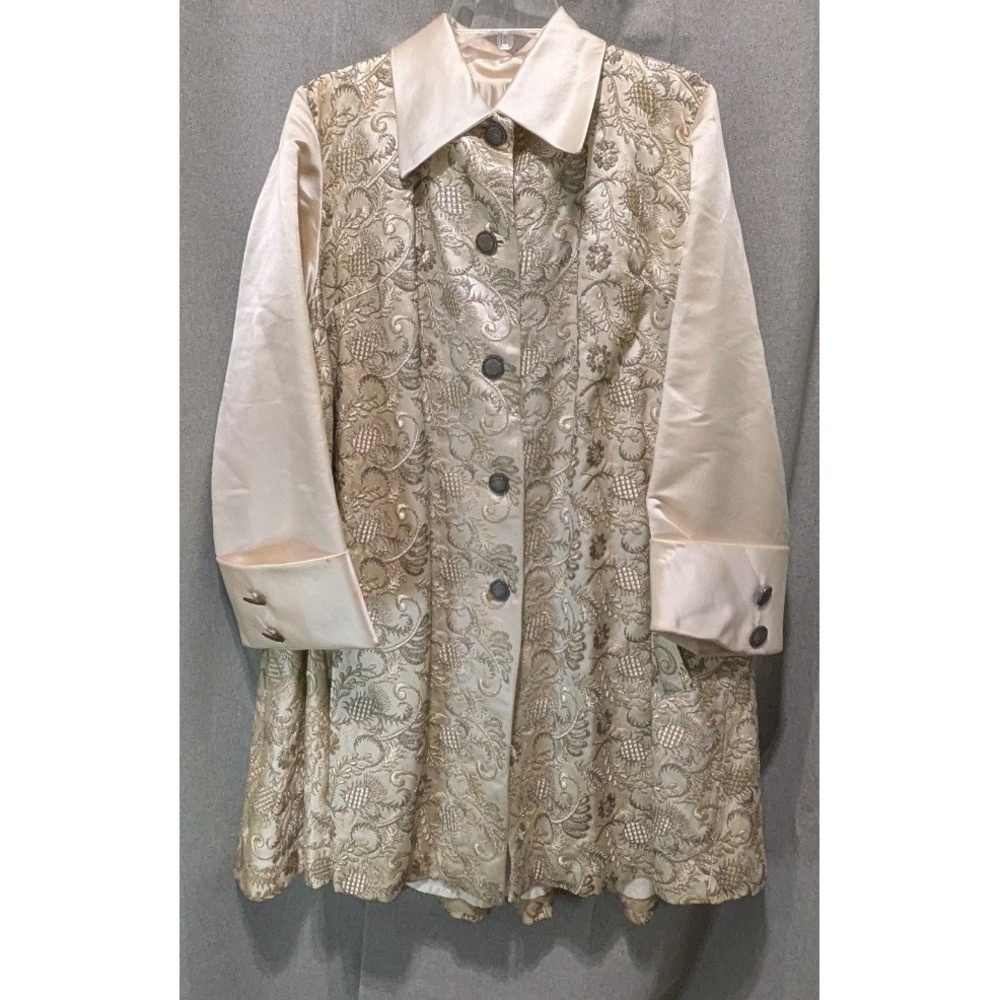 Brocade Evening Coat Womens XL Champagne Gold Good Floral Satin A-Line
